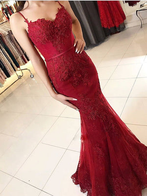 BohoProm prom dresses Beautiful Tulle Spaghetti Straps Neckline Sweep Train Mermaid Prom Dresses With Beaded Appliques PD010