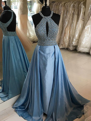 BohoProm prom dresses Brilliant Satin Jewel Neckline A-line Prom Dresses With Rhinestones PD127