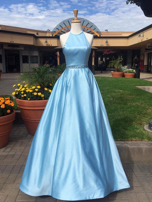 BohoProm prom dresses Elegant Satin Halter Neckline Floor-length A-line Prom Dresses With Beading PD002