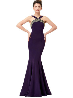 BohoProm prom dresses Mermaid Halter Floor-Length Satin Purple LongProm Dresses HX0078