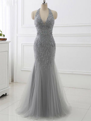 BohoProm prom dresses Mermaid Halter Floor-Length Tulle Gray Prom Dresses With Beading ASD27094