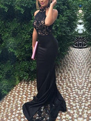 BohoProm prom dresses Mermaid High-Neck Sweep Train Jersey Black Prom Dresses HX00141