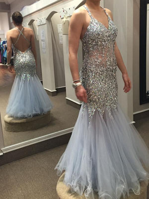 BohoProm prom dresses Mermaid Spaghetti Strap Floor-Length Tulle Sequin Prom Dresses ASD26704
