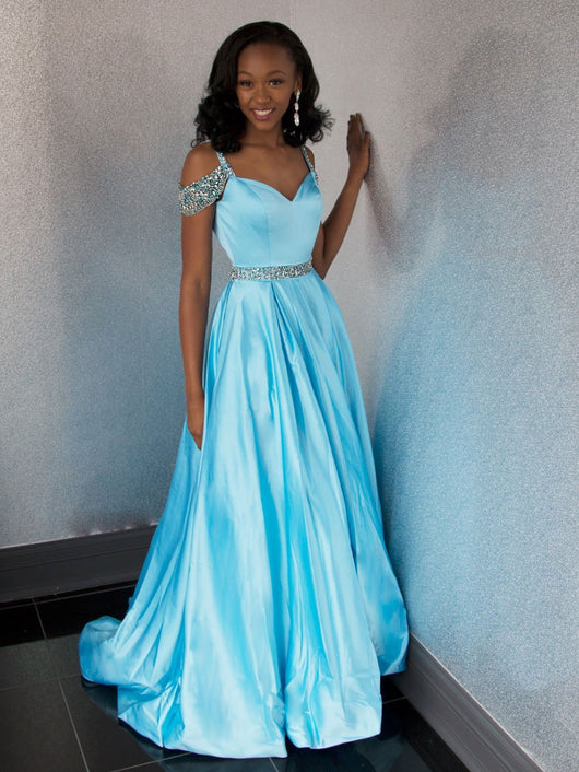 Modest Satin Spaghetti Straps Neckline Chapel Train A-line Prom