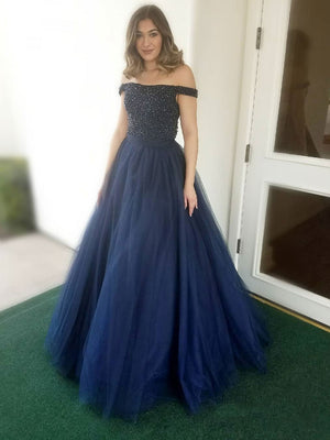 BohoProm prom dresses Sexy Tulle Off-the-shoulder Neckline Ball Gown Prom Dresses With Beadings PD147