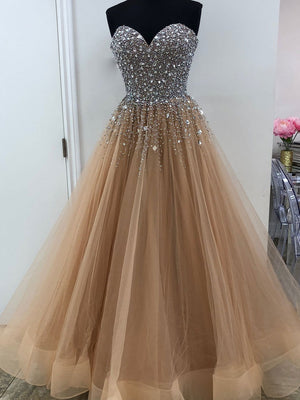 BohoProm prom dresses Shimmering Tulle Sweetheart Neckline Floor-length A-line Prom Dresses With Rhinestones PD009