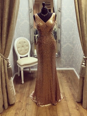 BohoProm prom dresses Stunning Sequin Lace V- neck Neckline Sweep Train Sheath Prom Dress PD059