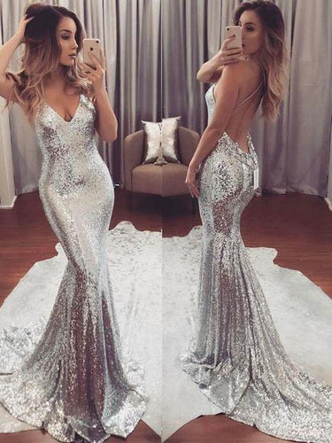 BohoProm prom dresses Trumpet/Mermaid Deep-V Chapel Train Sequined Prom Dresses 2773