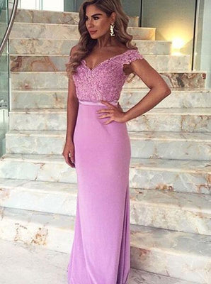 BohoProm prom dresses Trumpet/Mermaid Off-Shoulder Sweep Train Jersey Appliqued  Prom Dresses 2838