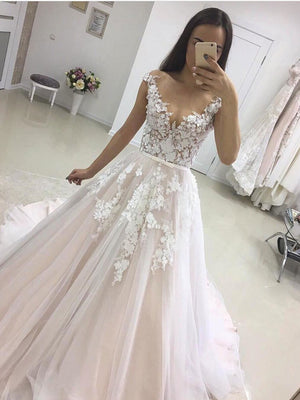 BohoProm Wedding Dresses A-line Deep-V Chapel Train Tulle Appliqued Wedding Dresses SWD029