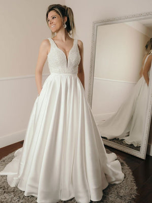 BohoProm Wedding Dresses A-line Deep-V Sweep Train Satin Rhine Stone Wedding Dresses SWD006