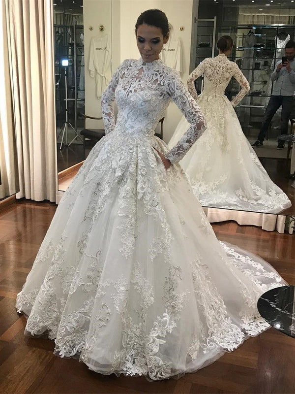 A-line High-Neck Chapel Train Tulle Appliqued Beaded Wedding Dresses A ...