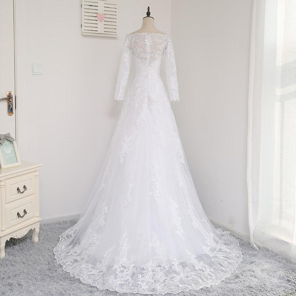 A Line Off Shoulder Sweep Train Tulle Lace White Wedding Dresses With 