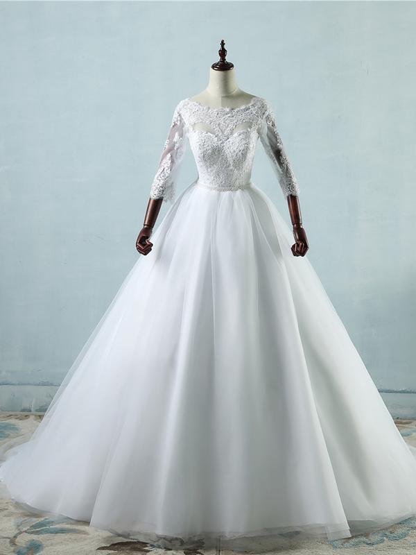 A-line Scoop-Neck Chapel Train Tulle Lace White Wedding Dresses With P ...