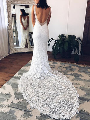 BohoProm Wedding Dresses Alluring Lace V-neck Neckline Sheath Wedding Dresses With Slit WD074