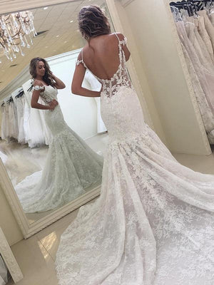 BohoProm Wedding Dresses Delicate Lace Spaghetti Straps Neckline Mermaid Wedding Dresses With Appliques WD024