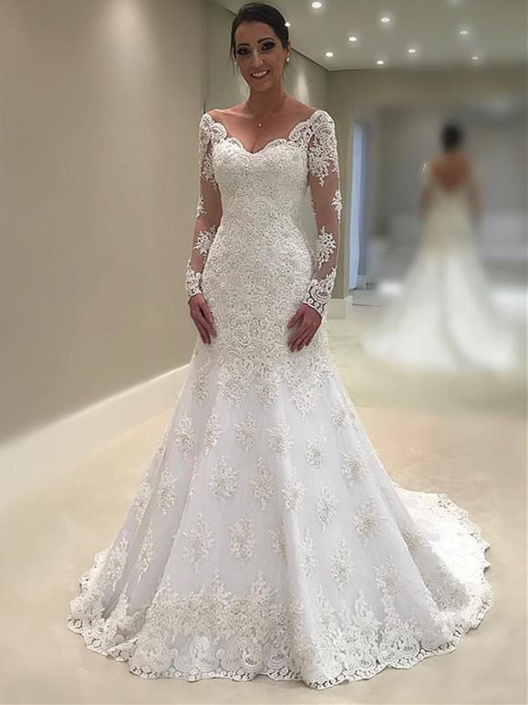 Elegant Lace V-neck Neckline Mermaid Wedding Dresses With Appliques WD ...