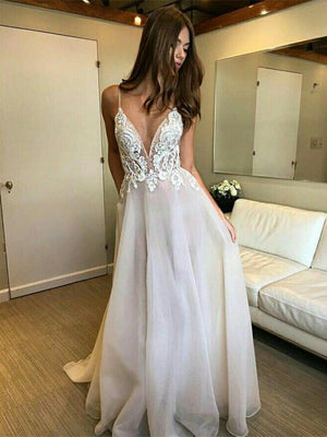 BohoProm Wedding Dresses Elegant Organza Spaghetti Straps Neckline A-line Wedding Dresses With Appliques WD106