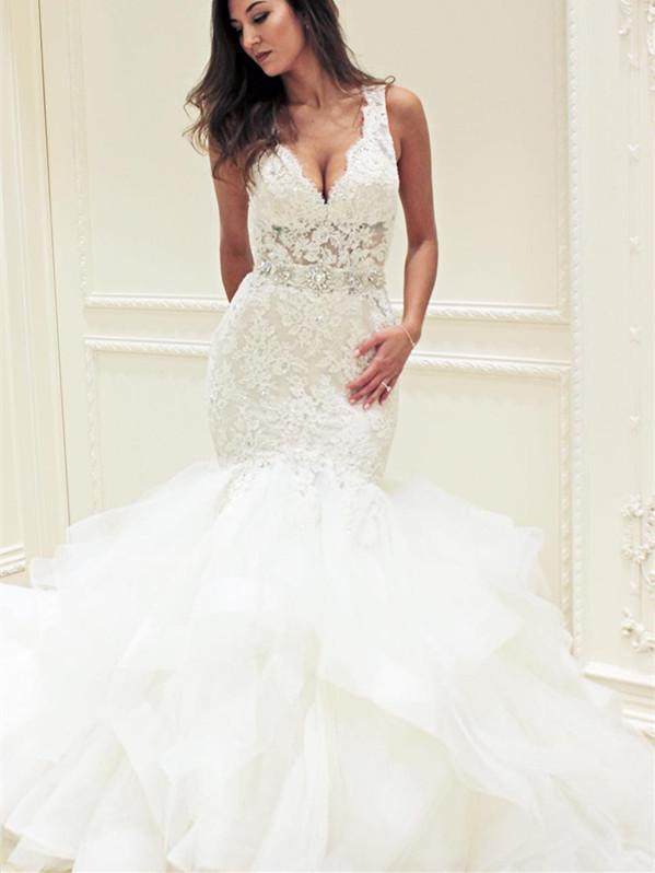 v neck mermaid wedding dress