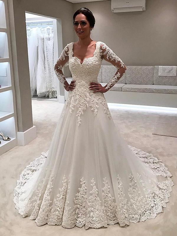 Gorgeous Tulle V-neck Neckline Sweep Train A-line Wedding Dresses With ...