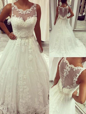 BohoProm Wedding Dresses Graceful Tulle Scoop Neckline Chapel Train A-line Wedding Dress WD039