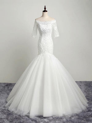 BohoProm Wedding Dresses Mermaid Off-Shoulder Chapel Train Tulle Appliqued Beaded Ivory Wedding Dresses ASD26963
