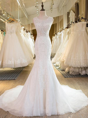 BohoProm Wedding Dresses Mermaid Scoop-Neck Chapel Train Tulle Ivory Wedding Dresses With Appliques Beadings ASD26970