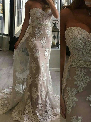 BohoProm Wedding Dresses Mermaid Sweetheart Sweep Train Tulle Appliqued Beaded Wedding Dresses SWD010