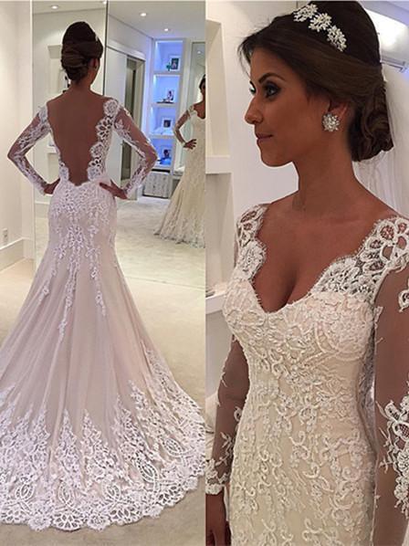 Outstanding Tulle V-neck Neckline Sheath Wedding Dresses With Beaded A ...