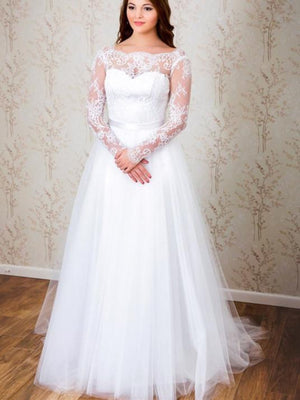 BohoProm Wedding Dresses Popular Tulle Bateau Neckline Chapel Train A-line Wedding Dresses With Lace WD006