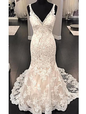 BohoProm Wedding Dresses Pure Lace V-neck Neckline Mermaid Wedding Dresses With Rhinestones WD086