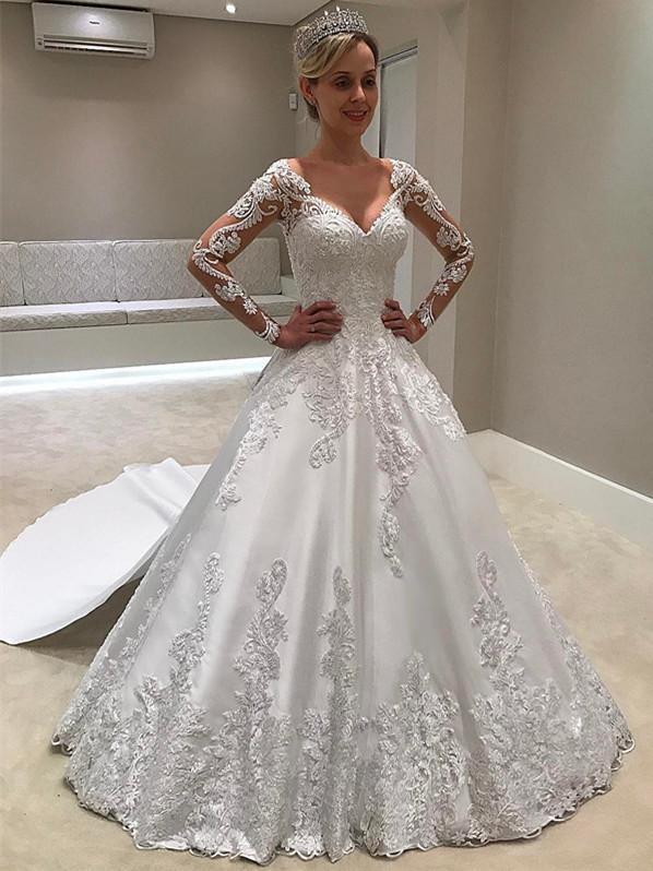 Romantic Satin V-neck Neckline A-line Wedding Dresses With Appliques W ...