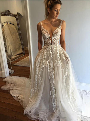 BohoProm Wedding Dresses Sexy Tulle Spaghetti Straps Neckline Chapel Train A-line Wedding Dresses WD125