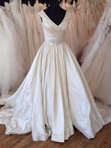 simple satin v neck wedding dress