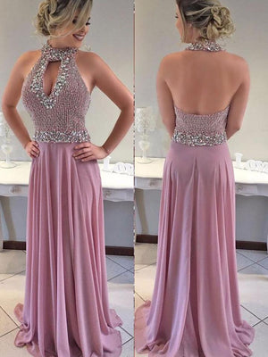 SheerGirl prom dresses A-line Beaded Bodice Halter Long Chiffon Prom Dresses APD2810