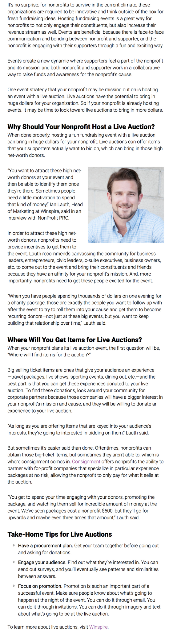 Use Winspire to add unique live auction items and experiences to your event