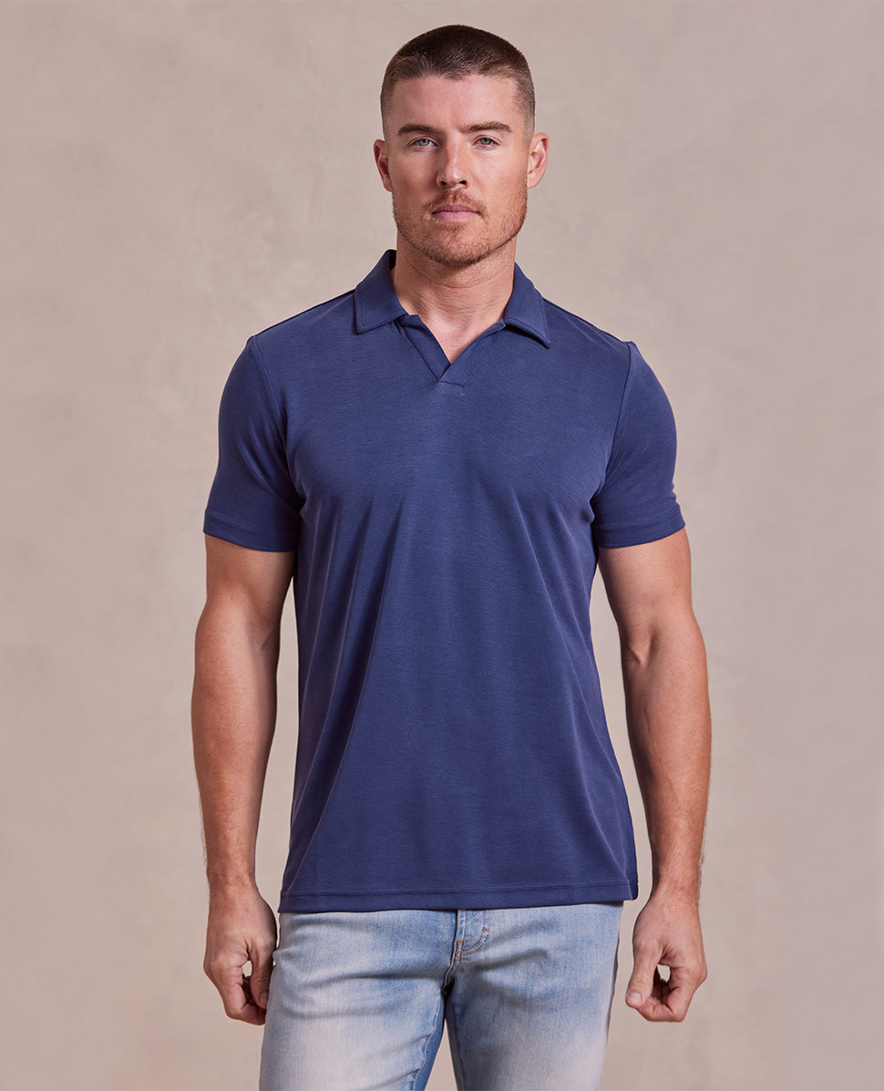 Image of The Aston - Pique Double Knit SS Johnny Collar Polo - Blue