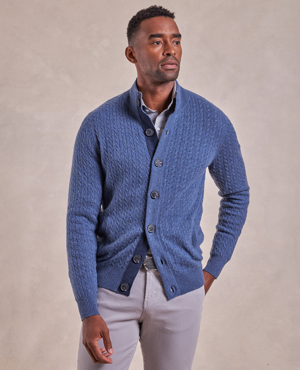 Image of The Emerson - Cashmere Cable Knit Button-Up Sweater - Blue Dust