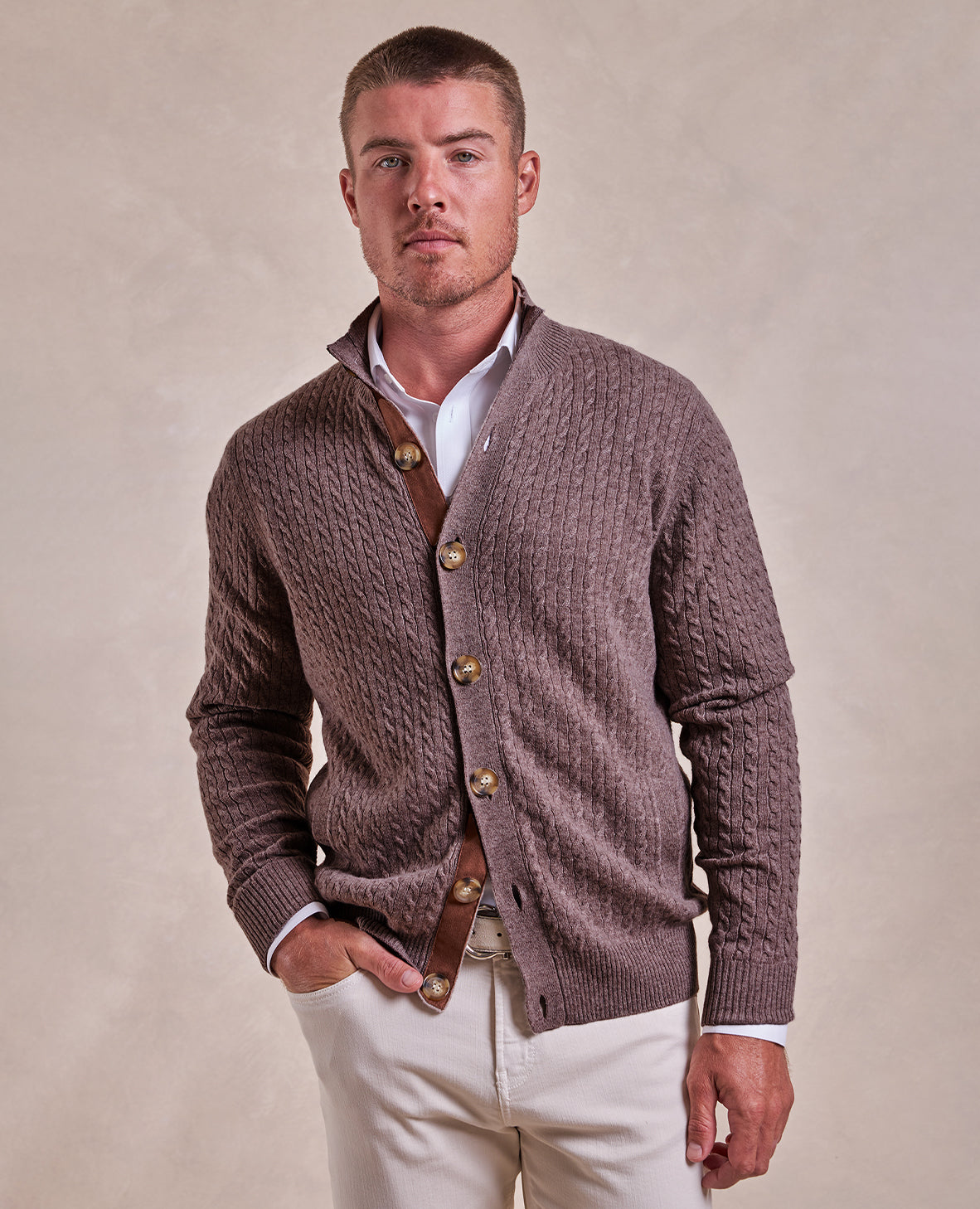 Image of The Emerson - Cashmere Cable Knit Button-Up Sweater - Deep Fawn