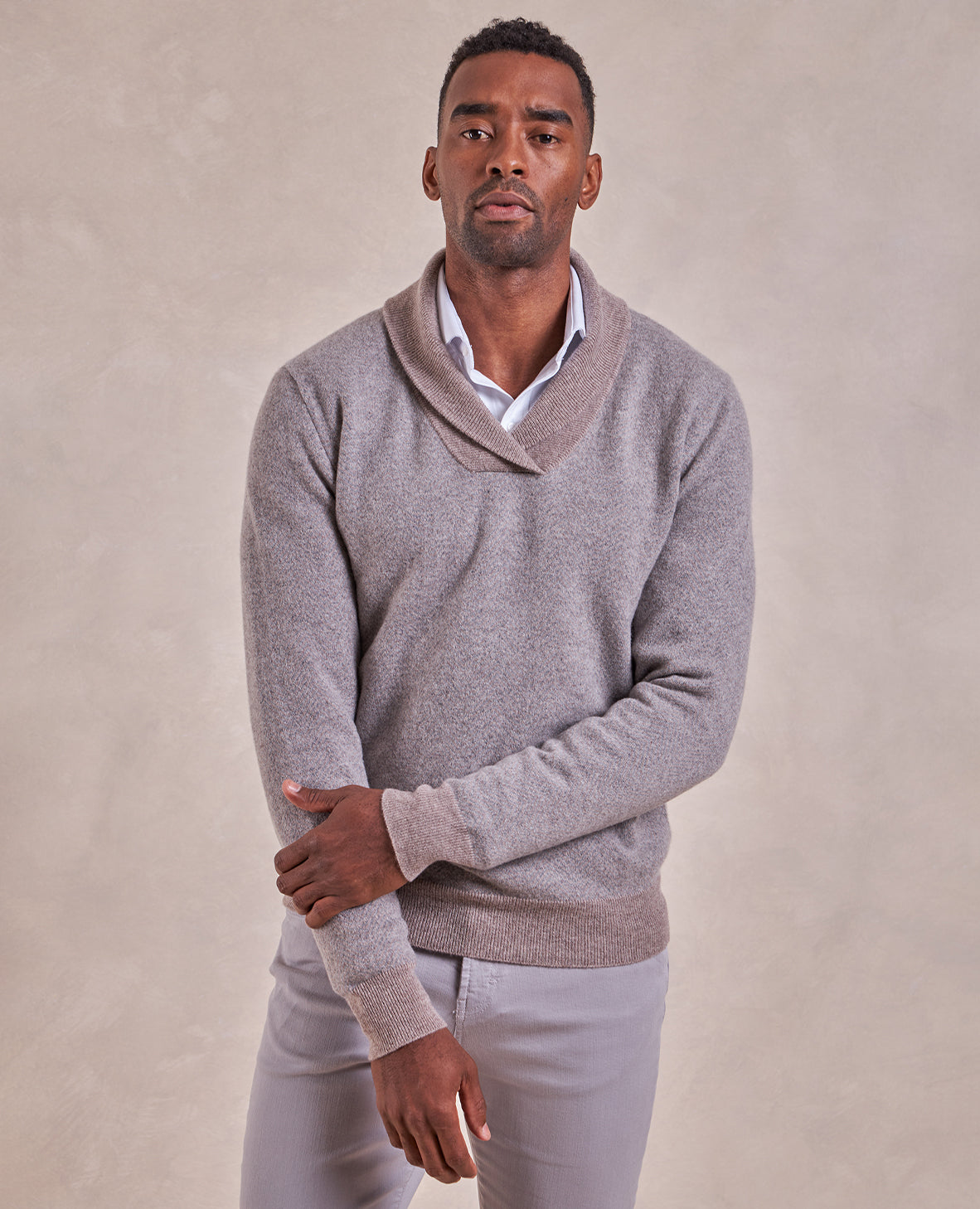 Image of The Kent - Shawl Collar Cashmere Herringbone Sweater - Taupe/Grey