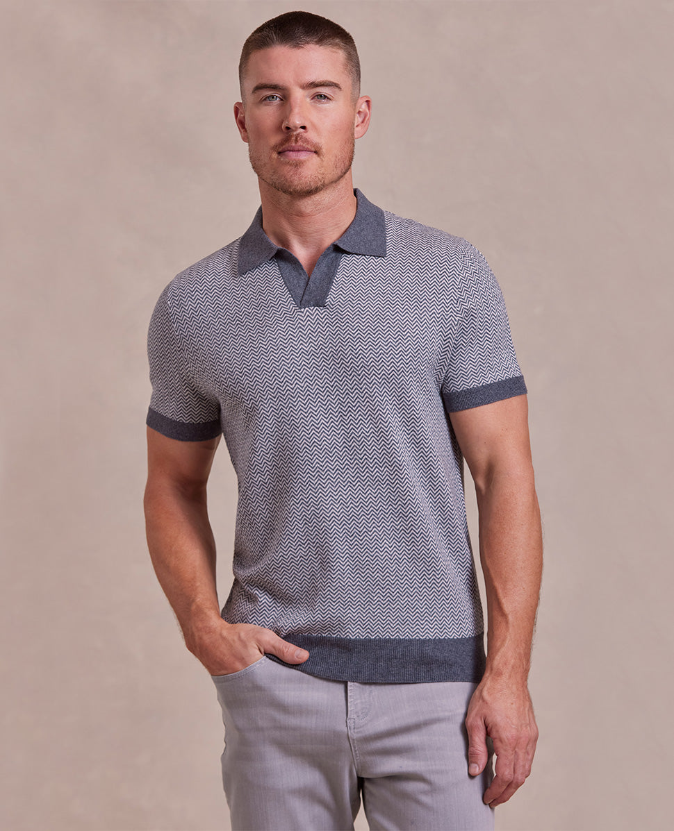Image of The Tate - Cashmere Herringbone SS Polo - Charcoal/Grey
