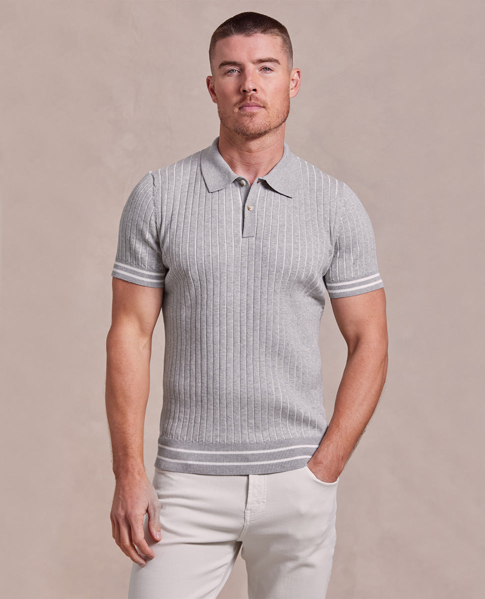 Image of The Tristan - Cashmere Cable Knit SS Polo - Grey/Ecru