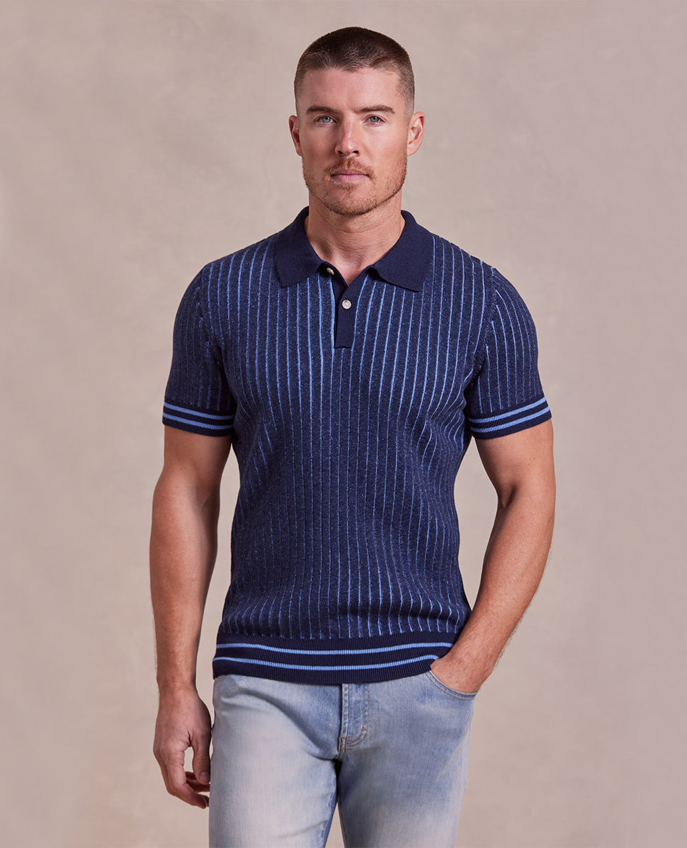 Image of The Tristan - Cashmere Cable Knit SS Polo - Navy/Blue Heather