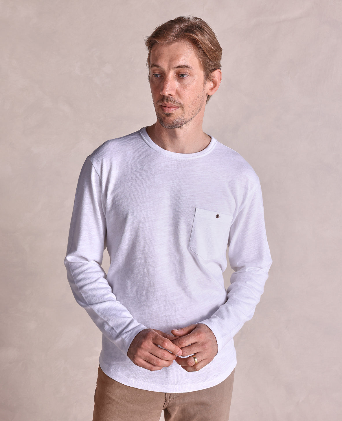 Image of The Hughes - Distressed LS Pocket Tee - White