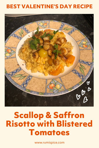 scallop and saffron risotto with blistered tomatoes