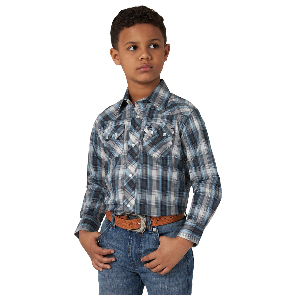 Wrangler Retro Boys' Blue/Grey Long Sleeve Shirt – Corral Western Wear