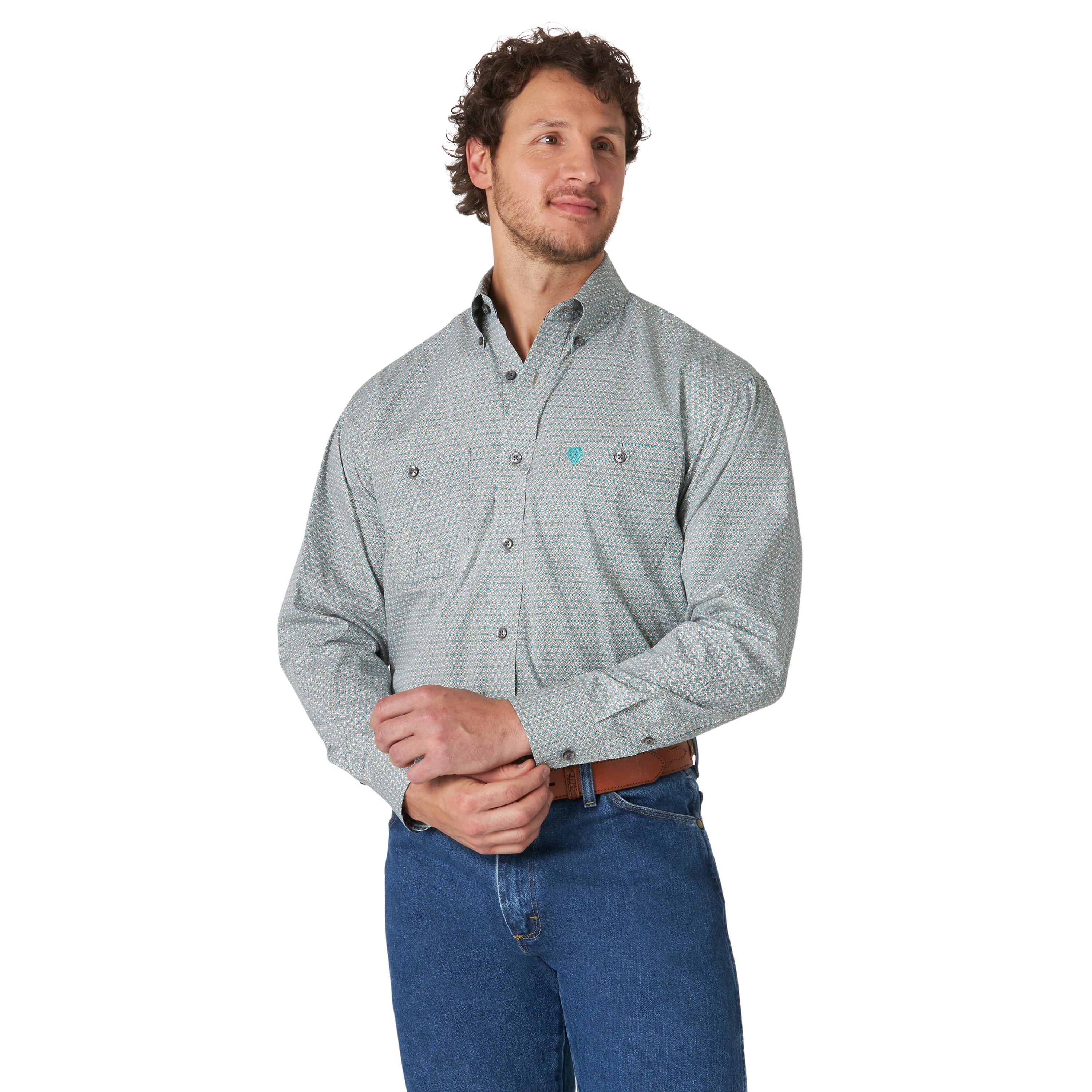 George Strait Wrangler Turquoise/Grey Print Long Sleeve Shirt – Corral ...