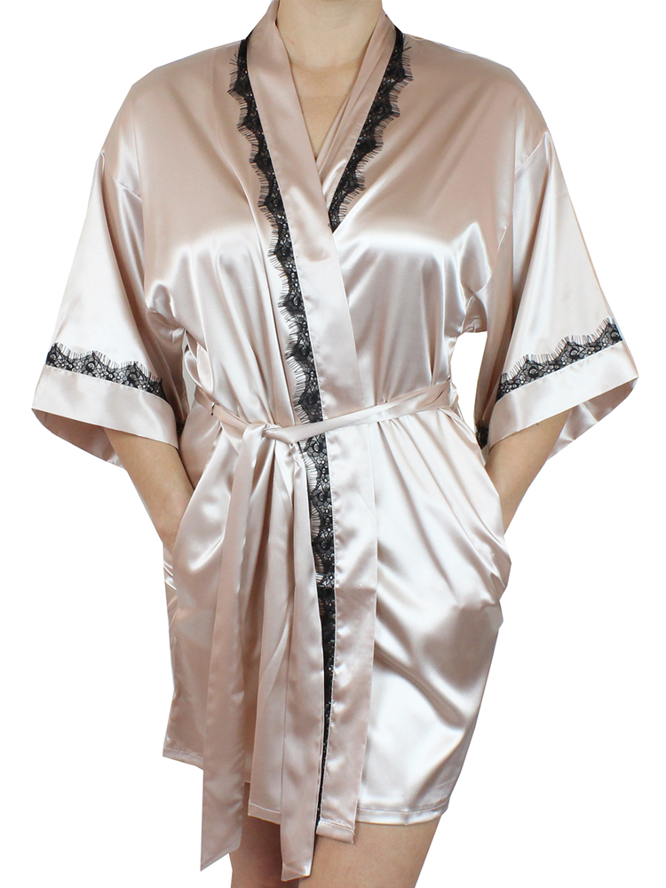 Download Women's Satin Kimono Short Robe with Lace Trim - MsLovely