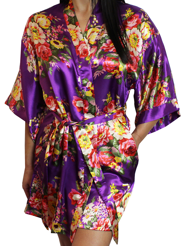 Download Women's Floral Satin Kimono Short Robe - MsLovely