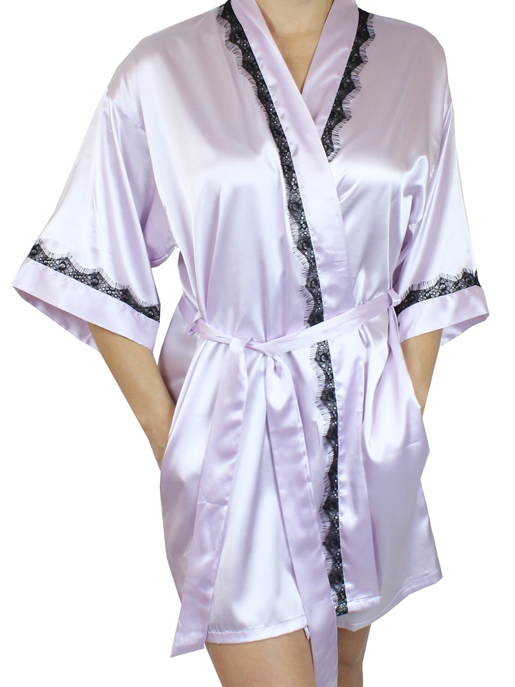 Download Women's Satin Kimono Short Robe with Lace Trim - MsLovely